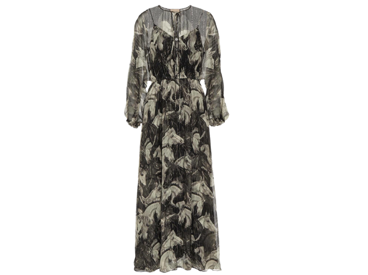 Gucci Meadow and Horse Print Metallic Silk Maxi Dress