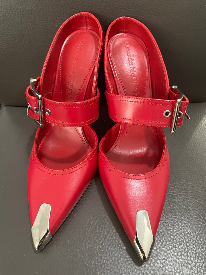 Alexander McQueen Red Leather Buckle Point-Toe Stiletto Mules